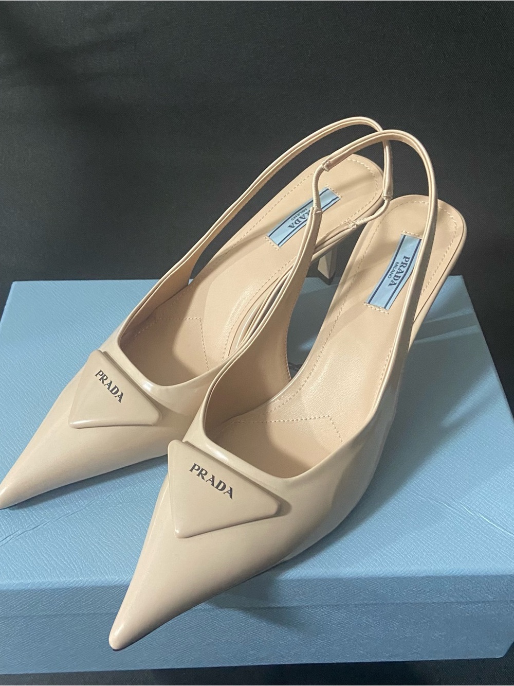 Prada Beige Patent Leather Pointed-Toe Slingback Pumps